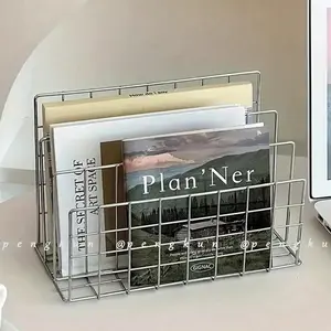 Modern Metal Bookshelf With 3-Section Decorative Storage Basket, Ins Simple Iron Tabletop Storage Rack Desktop Organizer Bookshelf Storage Rack Multifunctional Magazine And Newspaper Organizer Box For Home Office Storage And Decoration Display Shelf