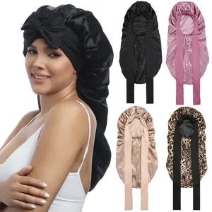 Double-Layer Long Satin Bonnet Adjustable Care Night Sleep Sleeping Cap for Women Braids Curly Hair Wrap for Bonnets with Tie Band
