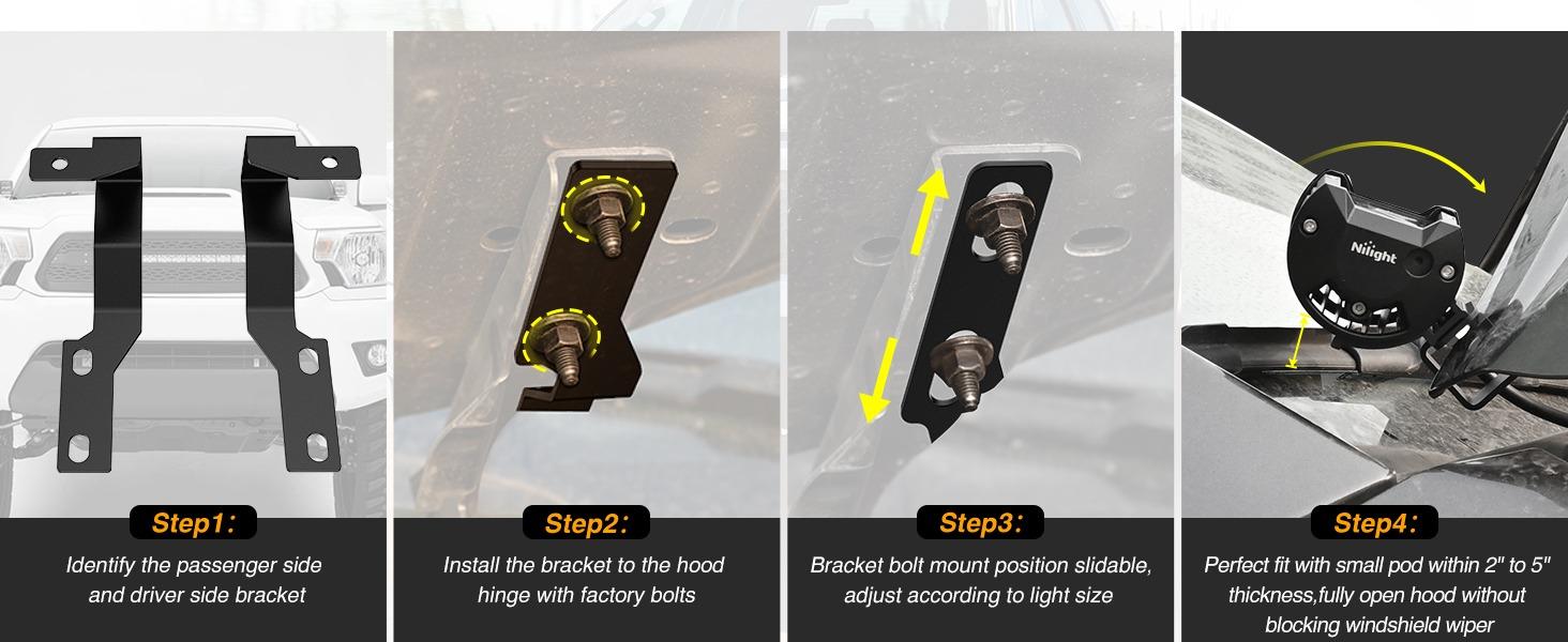 Nilight Ditch Light Brackets Auxiliary Offroad Work LED Pod A-Pillar Hood Mounts on 2nd Gen Tacoma 2005 2006 2007 2008 2009 2010 2011 2012 2013 2014 2015
