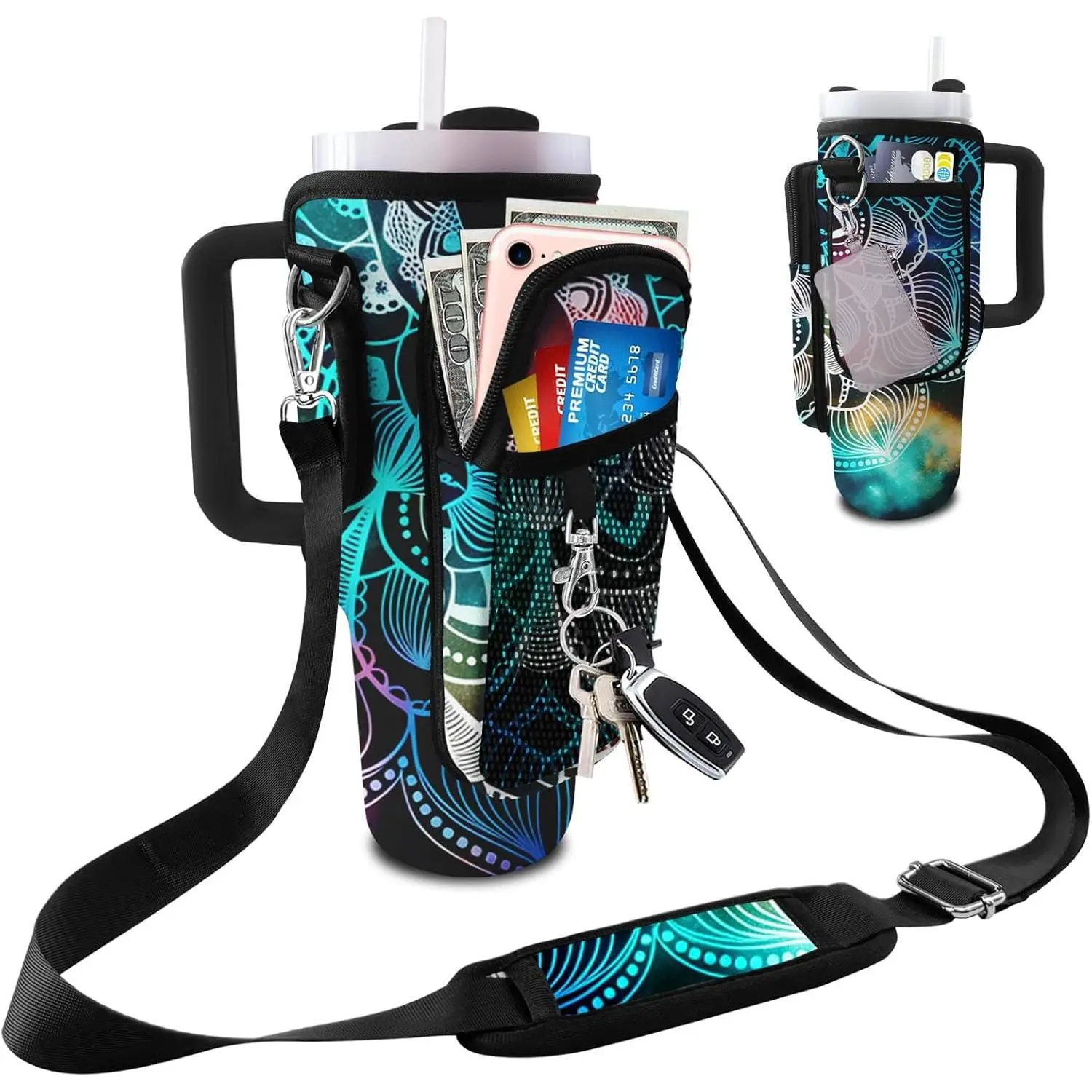 Neoprene Tumbler Carrier Bag, Crossbody Cup Holder Pouch for 40oz & 30oz Bottles with 3 Pockets and Adjustable Strap for Travel & Hiking, Beach, Synthetic, Shockproof, Water Bottle Carrier, 24 Inches To 44 Inches, Detachable, 40-30 Ounces