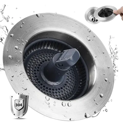 3-in-1 Stainless Steel Lift-Up Kitchen Sink Drain Filter Plug Kit - 2mm Anti-Clog Tool, 4 Large Holes Fast Drain, 3-1/2 in Standard Fit, Clutter-Saving Design, Shower Bath Tool, Restaurant Food Collector Fixture Accessory, Fold-Up Handle
