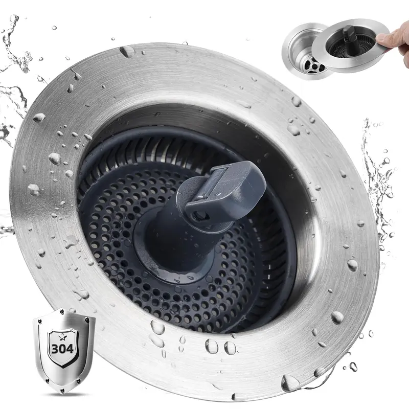 3-in-1 Stainless Steel Lift-Up Kitchen Sink Drain Filter Plug Kit - 2mm Anti-Clog Tool, 4 Large Holes Fast Drain, 3-1/2 in Standard Fit, Clutter-Saving Design, Shower Bath Tool, Restaurant Food Collector Fixture Accessory, Fold-Up Handle