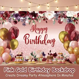 Rose Floral Birthday Background Cloth, Glitter Base, Roses, Gold Balloons, Waterproof Polyester, Reusable Party Backdrop Decorating, Party Background Decoration, Flower Backdrop