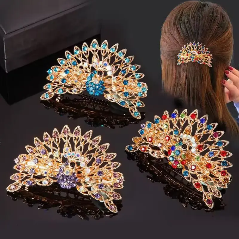 Women's 3-Piece Elegant Peacock Design Barrettes Hair Clips - 8.2cm*4.5cm Vintage Crystal Decor - Female Casual Daily Accessory, Ideal for Wedding Hair Decor, Birthday Gifts