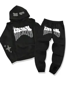 Men's Casual Hooded Sweatshirt Set, Fall & Winter Thick Fabric, Letter Print Design, Drawstring Jogger Pants, 2-Piece, Casual Lounge Set, Knit Clothing Sets