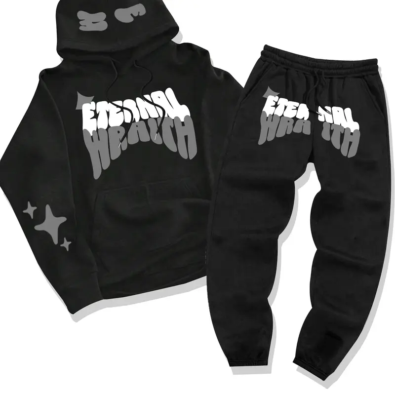 Men's Casual Hooded Sweatshirt Set, Fall & Winter Thick Fabric, Letter Print Design, Drawstring Jogger Pants, 2-Piece, Casual Lounge Set, Casual Outfit Set, Knit Clothing Sets