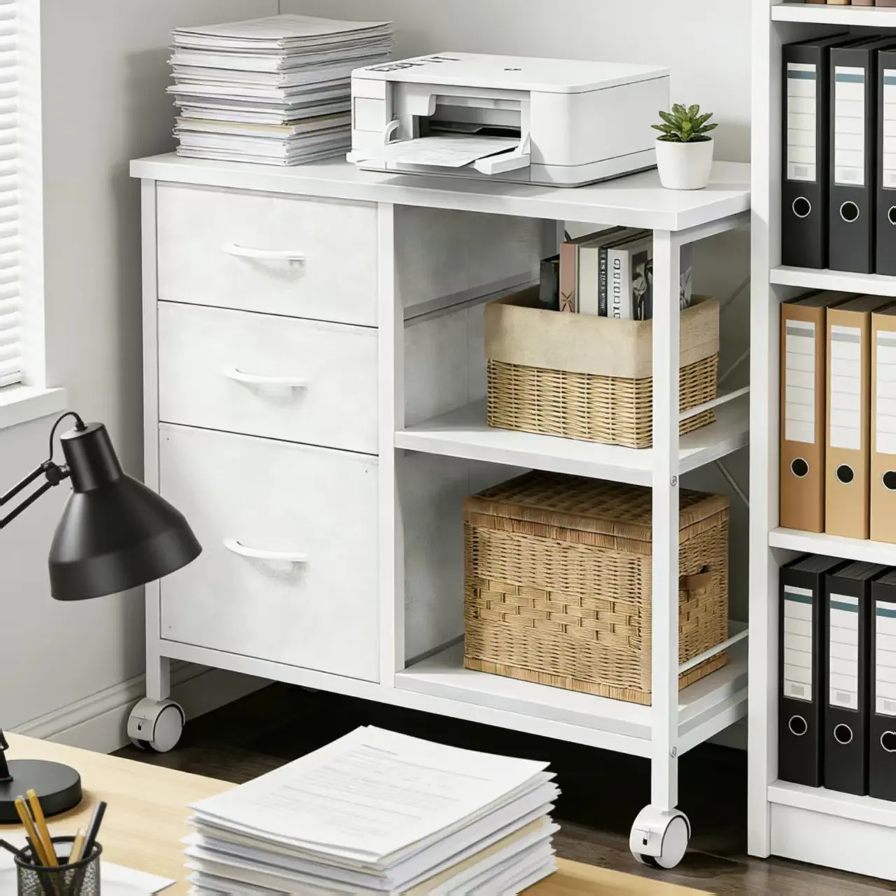 3-Tier Mobile Office Cabinet with Organizer Storage, Functional Printer Stand & Roller Base, Heavy-Duty Table with Drawers & Back Support Bar, 110lb Top Capacity, Locking Wheels & Lockable Casters, for Home Office
