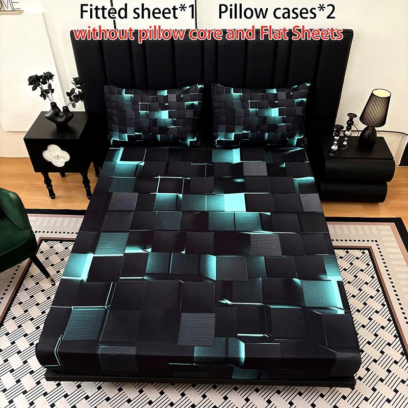 3-piece multi-pattern fitted sheet set (1 fitted sheet  + 2 pillowcases without filler), deep pocket 15 inches machine washable, low allergenic, high quality mattress protector for bedrooms, dorm rooms, HD printed all-season room decoration Bedding Suppli