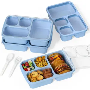 Large Capacity Bento Box for Adults, 4-Piece Set – Stackable Box with 4 Compartments, & Dishwasher Safe, Reusable Meal Prep Containers, Snack Containers for Kids & Adults (Blue)