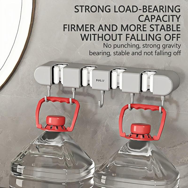 Mop Holder with Hooks, Wall Mounted Broom Holder with 4 Racks and 5 Hooks, Self-Adhesive Organizer for Kitchen, Bathroom, and Closet