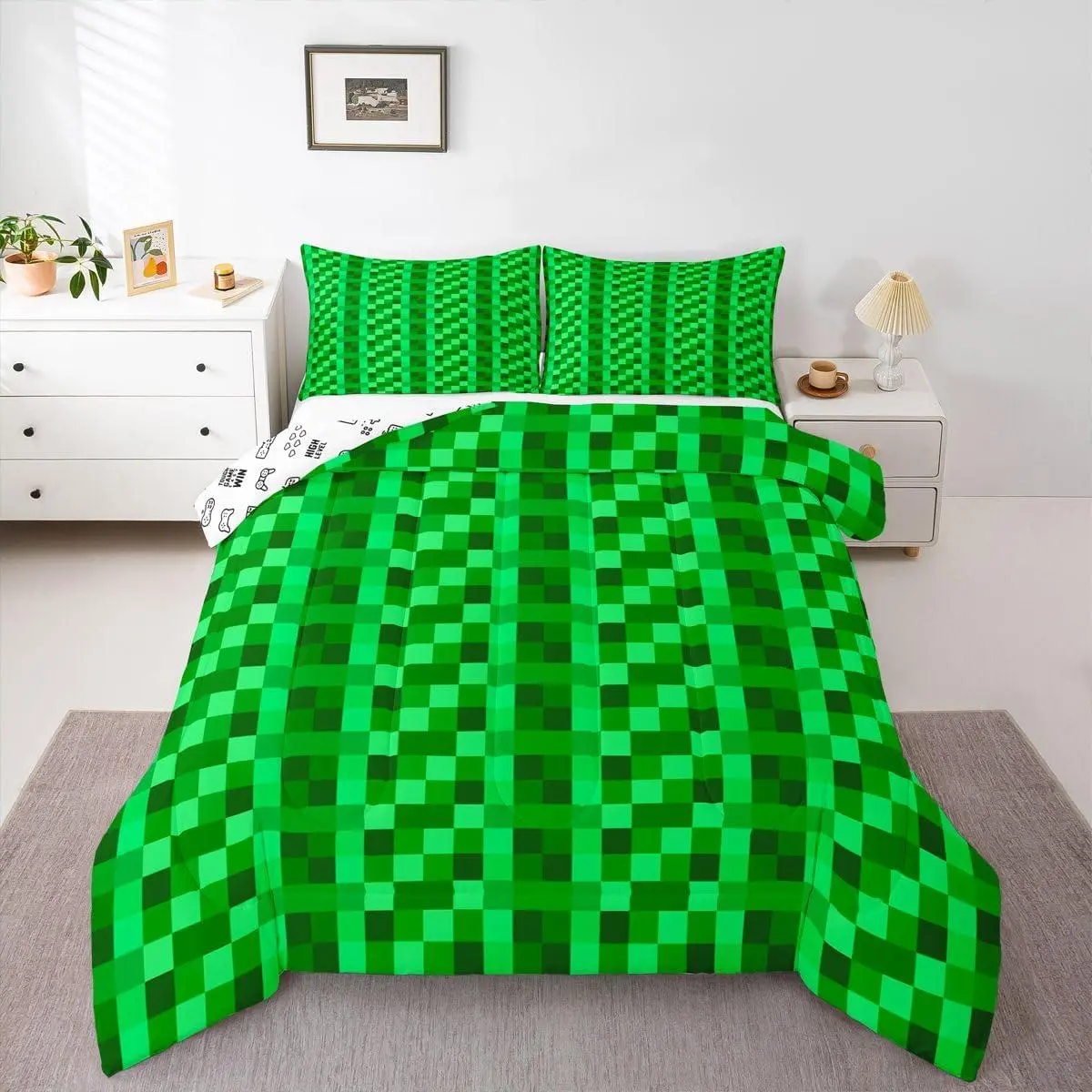 Miners Gamer Plaid Comforter Set,Pixelated Gaming Checkered Bedding Set,Abstract Green Grids Bedding Comforter Set,Video Game Quilt