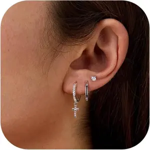 ZELORES 3 Pairs Hoop and Stud  Set Sterling Silver Small CZ  for Multiple Piercing Cartilage Women clip-on earring lightweight multiple cartilage earring