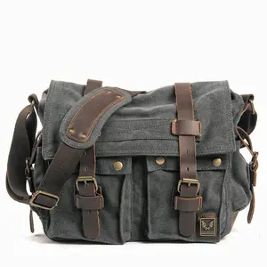 Muchuan Canvas Bag Vintage Canvas with Crazy Horse Leather Men's and Women's Messenger Bag Casual Shoulder Bag