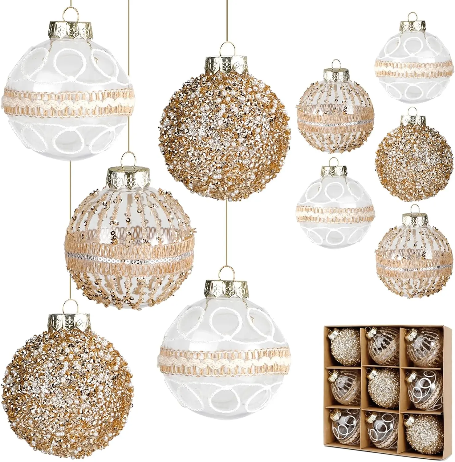 9 Pcs 80mm/3.15" Christmas Ball Ornaments Set, Large Clear Champagne Christmas Tree Decorations Plastic Shatterproof Hanging Balls for Xmas Glitter Farmhouse Boho Ornaments for Holiday Wedding Party