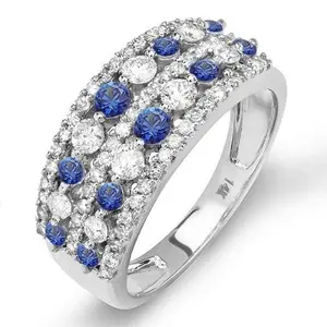 Dazzlingrock Collection Round Blue Sapphire & White Diamond Cluster Statement Anniversary Ring for Women in 14K Solid White Gold, Size 5