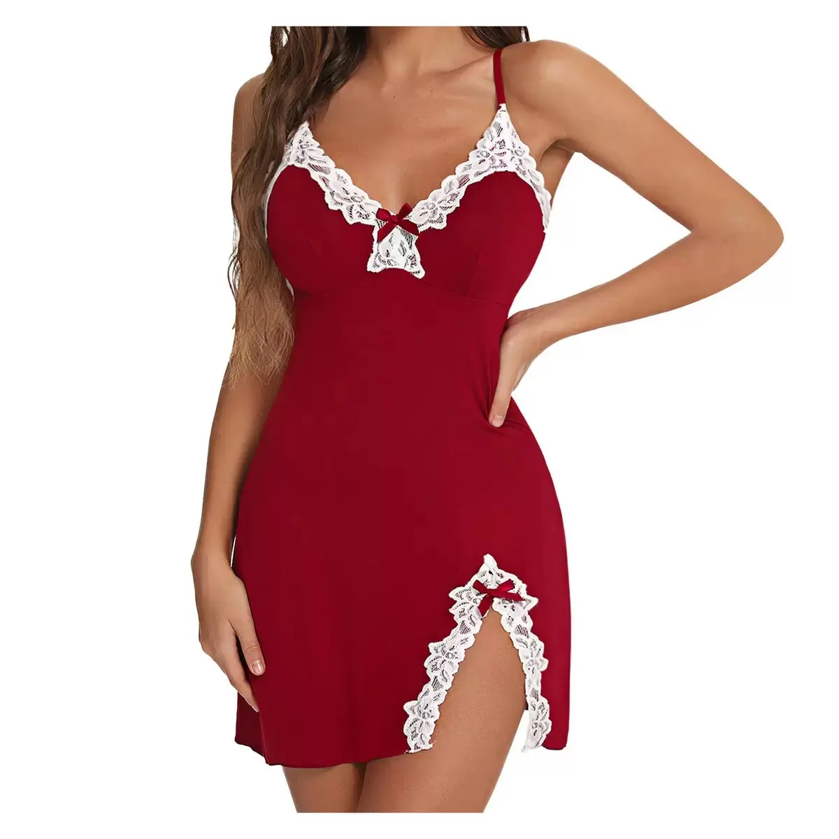 Plus Size Spaghetti Strap Nightdress Medium Stretch Solid Color Bow Details Sleepwear Style