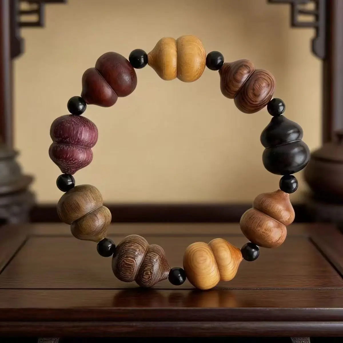 Hand Polished Multi-Type Natural Wood Gourd Bead Bracelet, Traditional Oriental Handmade Wooden Craft Collectible Wearable Ornament