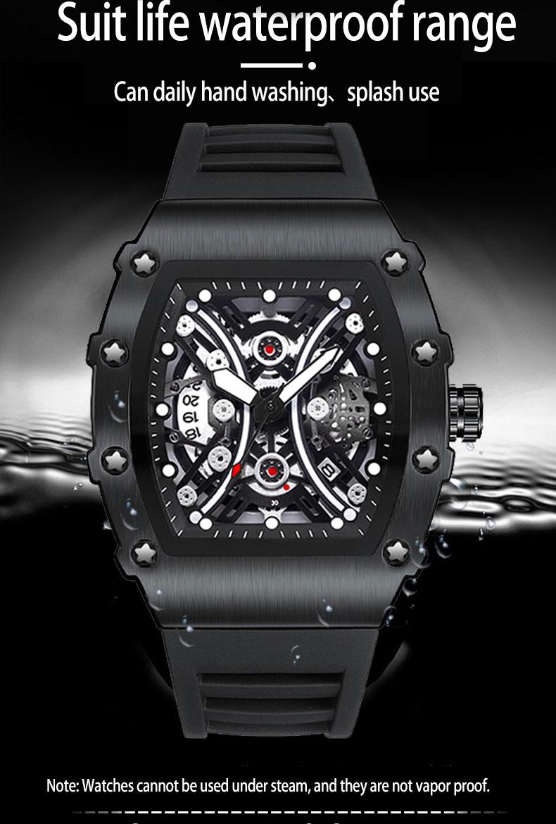 Men's Red Carbon Fiber Skeleton Tonneau Watch, Black Silicone Band, Sporty Quartz Wristwatch