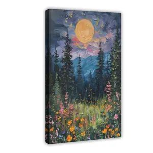 Vintage Full Moon Above Wildflowers Nature Poster - Mystical Midnight Woodland Wall Art Print, Retro Flowers And Trees Oil Painting, Dark Forest Decor for Decorating My Apartment Frame-Style Ornaments