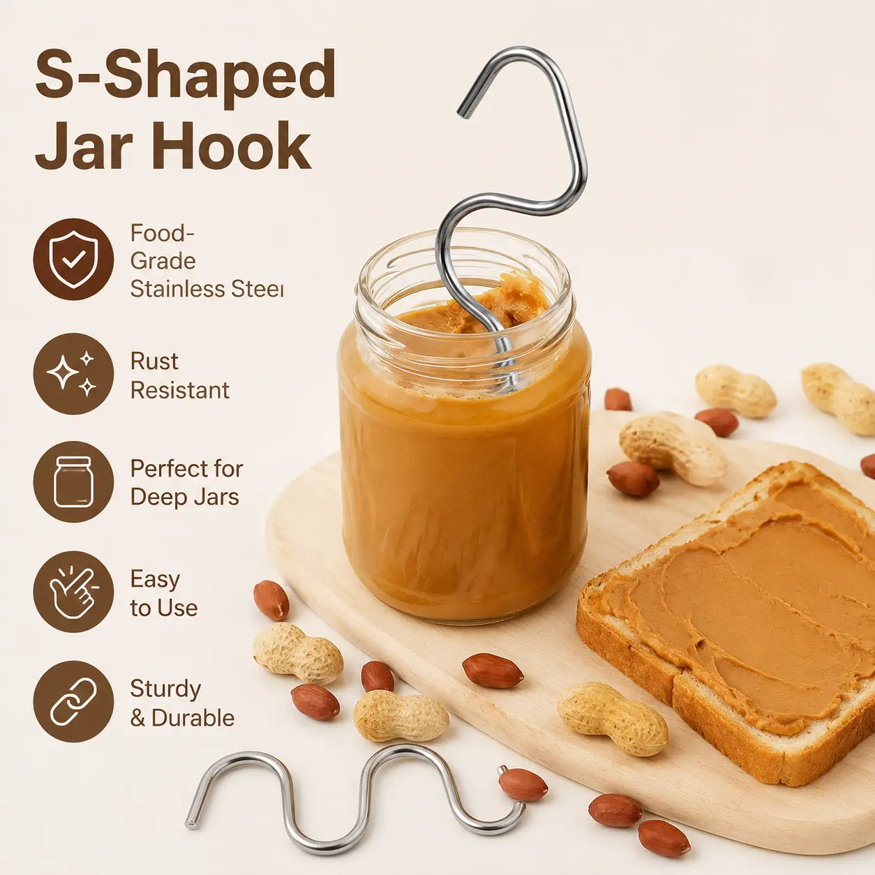 1 Count, Stainless Steel Nut Butter Stirrer Tool, Z-shaped design with flat scraper plate, for stirring and blending separated nut paste in glass jars