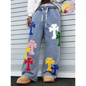 Men's High Cotton Colorful Cross Patchwork Baggy Jeans, Elastic Waist Loose Fit Streetwear Denim Pants, Y2K Hip Hop Casual Trousers for Men