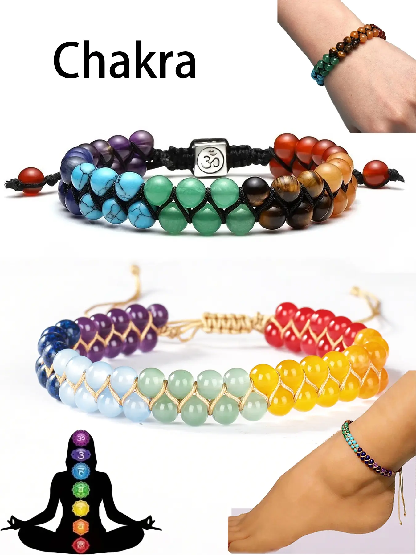 Natural Lapis Lazuli Crystal High Quality Bracelet & Anklet Set, Seven Chakra Braided Rope, Symbolic Gift for Happiness & Good Luck