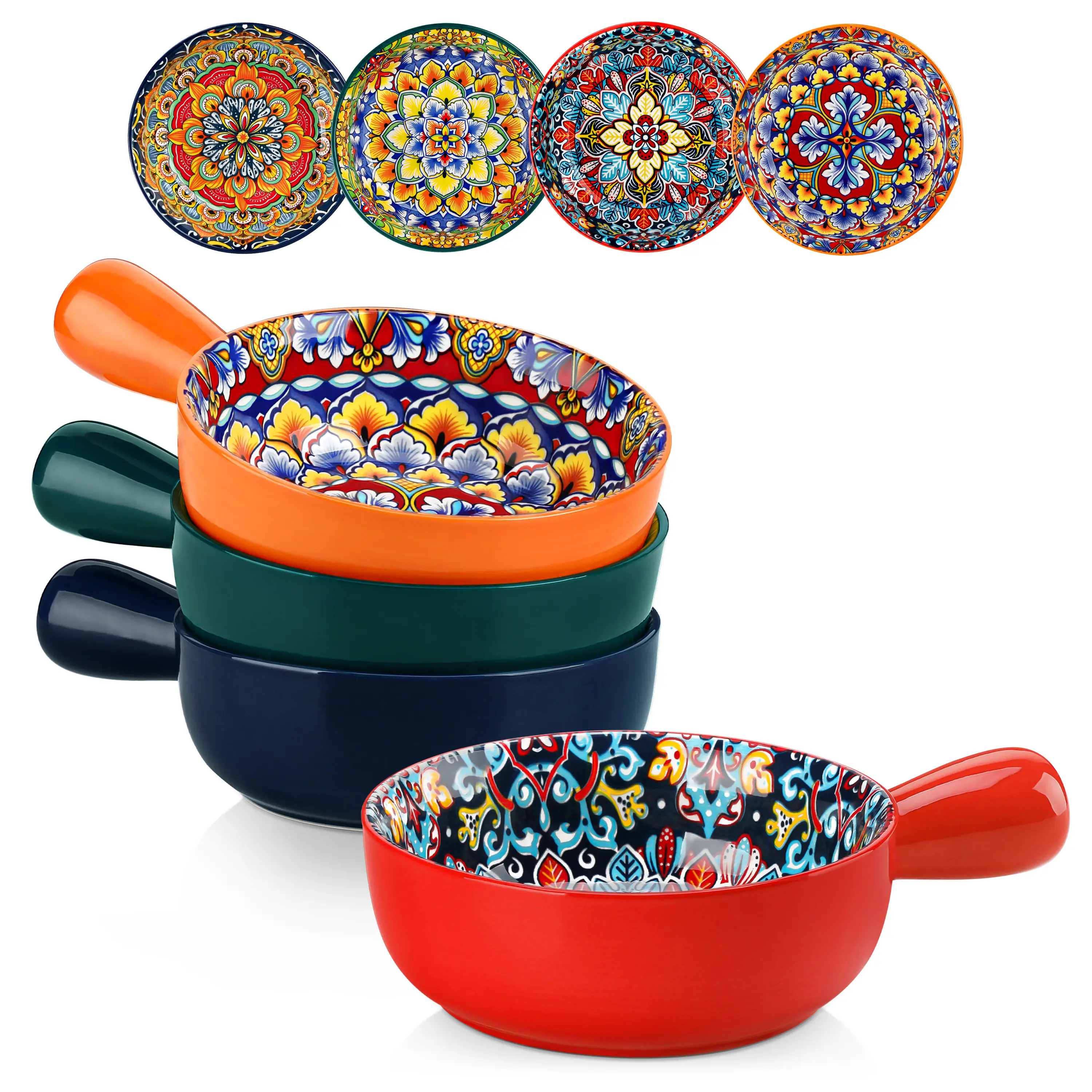 vancasso Soup Bowls with Handles, 23 Oz French Onion Soup Bowls Oven Safe, Bohemian Ceramic Soup Crocks for Cereal, Pasta, Beef Stew, Chilli, Microwav