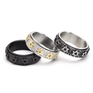 2025 New Hip hop retro new trend ring Titanium steel fashion six points star rotatable ring for men antique ring gift