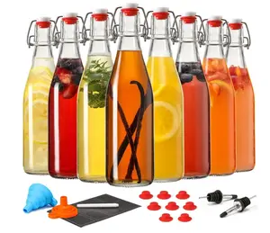 8 Set 16 OZ Swing Top Glass Bottles - Flip Top Beer Brewing Bottles with Stopper for Fermentation, Kombucha, Mead Kefir, Vanilla Extract, Juice, Tea, Wine, Soda - Airtight Cap Lids, Bonus 2 Pourers