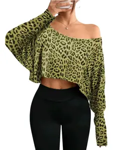 Women's Spring & Fall Fashion Elegant Leopard Print Long Sleeve Off-Shoulder Short Top, Loose-Fit Moderate Fabric Casual Wear Blouses Shirts