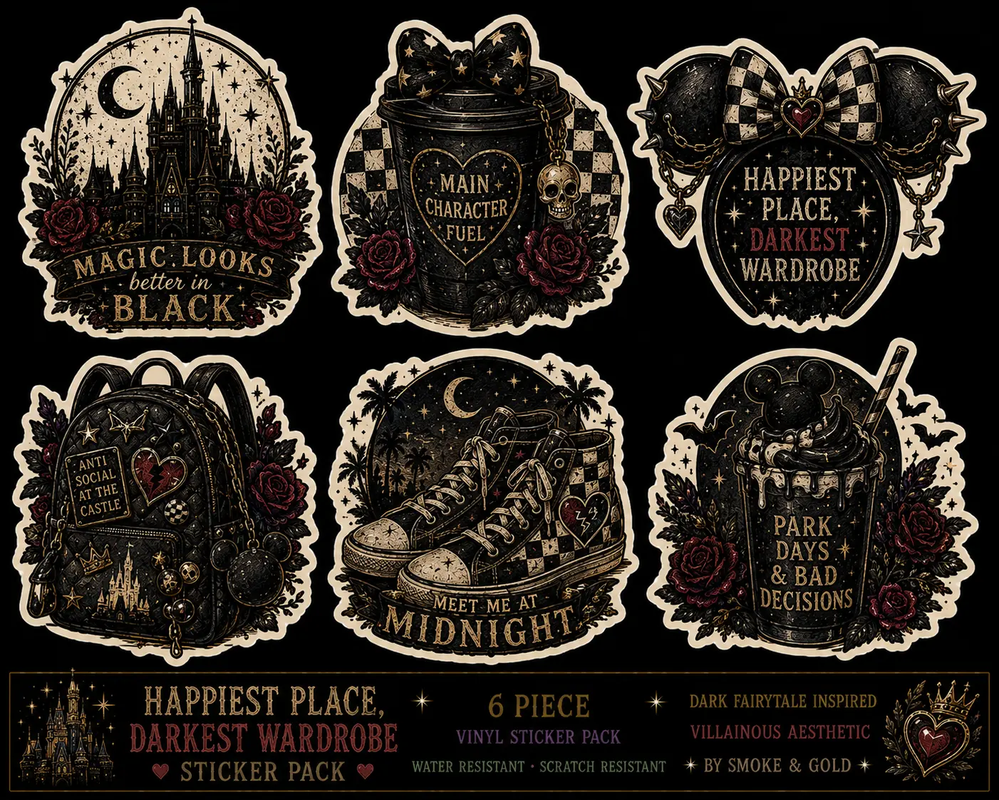 Happiest Place, Darkest Wardrobe Sticker Pack | Dark Magic Inspired Vinyl Stickers | Alt Theme Park Aesthetic | 6 Piece Pack