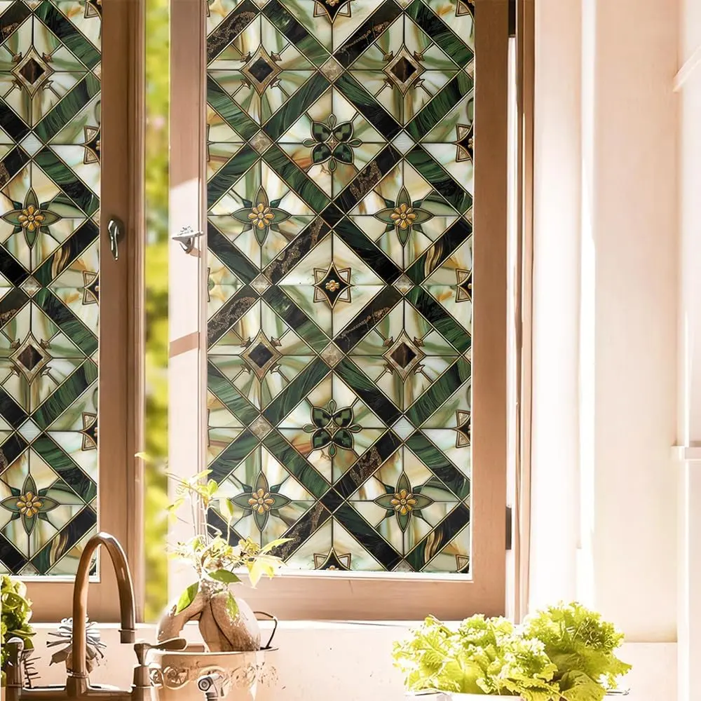 Boho Vintage Colorful Golden Geometric Dark Green Ethnic Stained Glass Window Film - Reusable Self-Adhesive Static Double-Side Privacy Cling, Home Decor for Living Room, Bathroom, Entryway Glass Windows