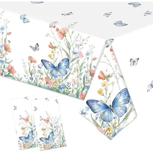2 Pack Spring Floral Tablecloth Party Decorations, 54 x 108 Inch Disposable Wildflower Butterfly Plastic Table Cover Wildflower Table Cloth for Birthday, Wedding,  Party Decor