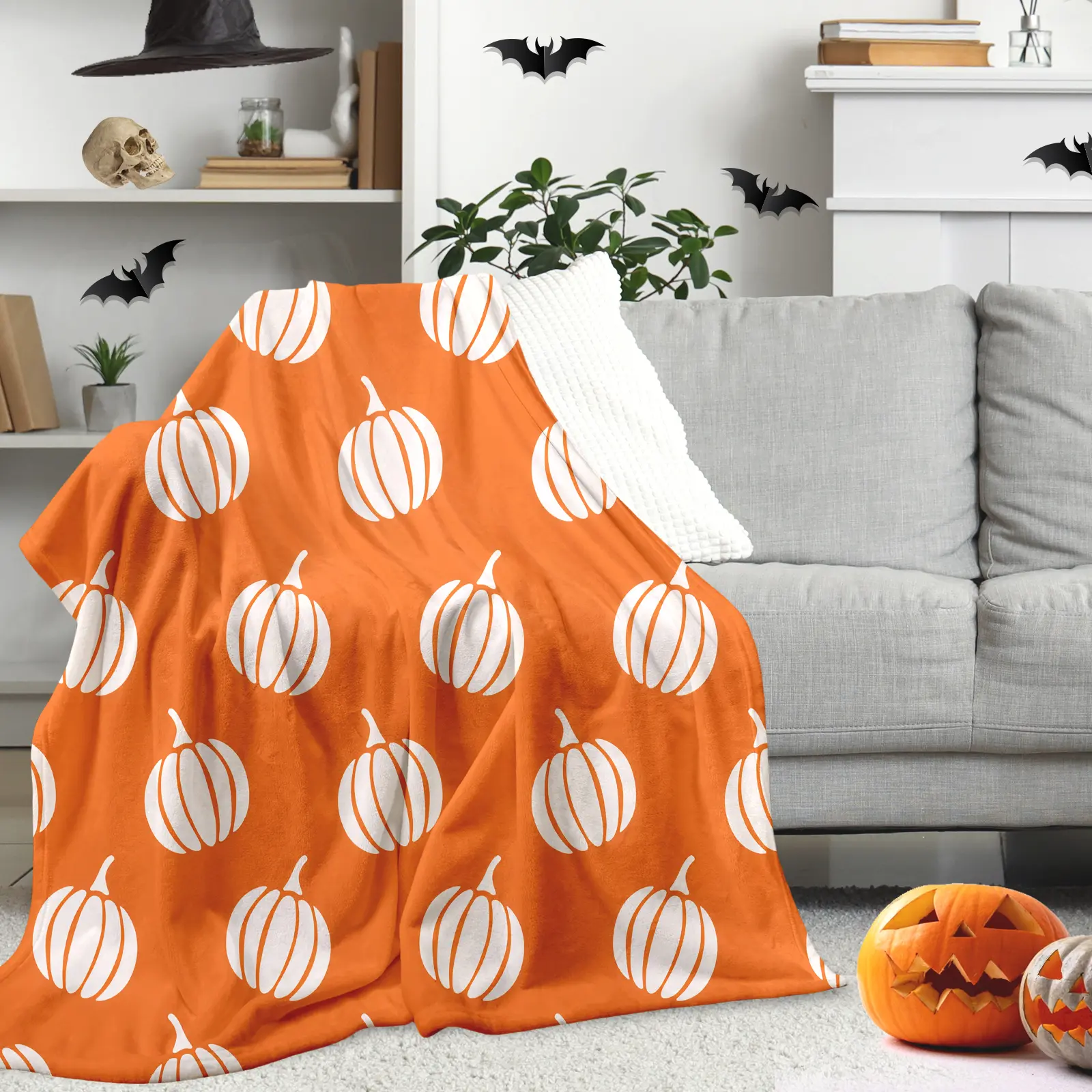 1-Piece Heavyweight Orange White Flannel Pumpkin & Slipknot Band Print Throw - Machine Washable Microfiber Blanket for Sofa, Bed - Halloween Home Decor, All-Season Comfort Gift