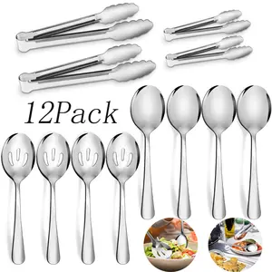 12 Pack Silvery Food Grade Stainless Steel Spoons Silverware,Kitchen Tongs, Buffet Tongs,Dishwasher Safe Serving,for Banquet,Party,Kitchen