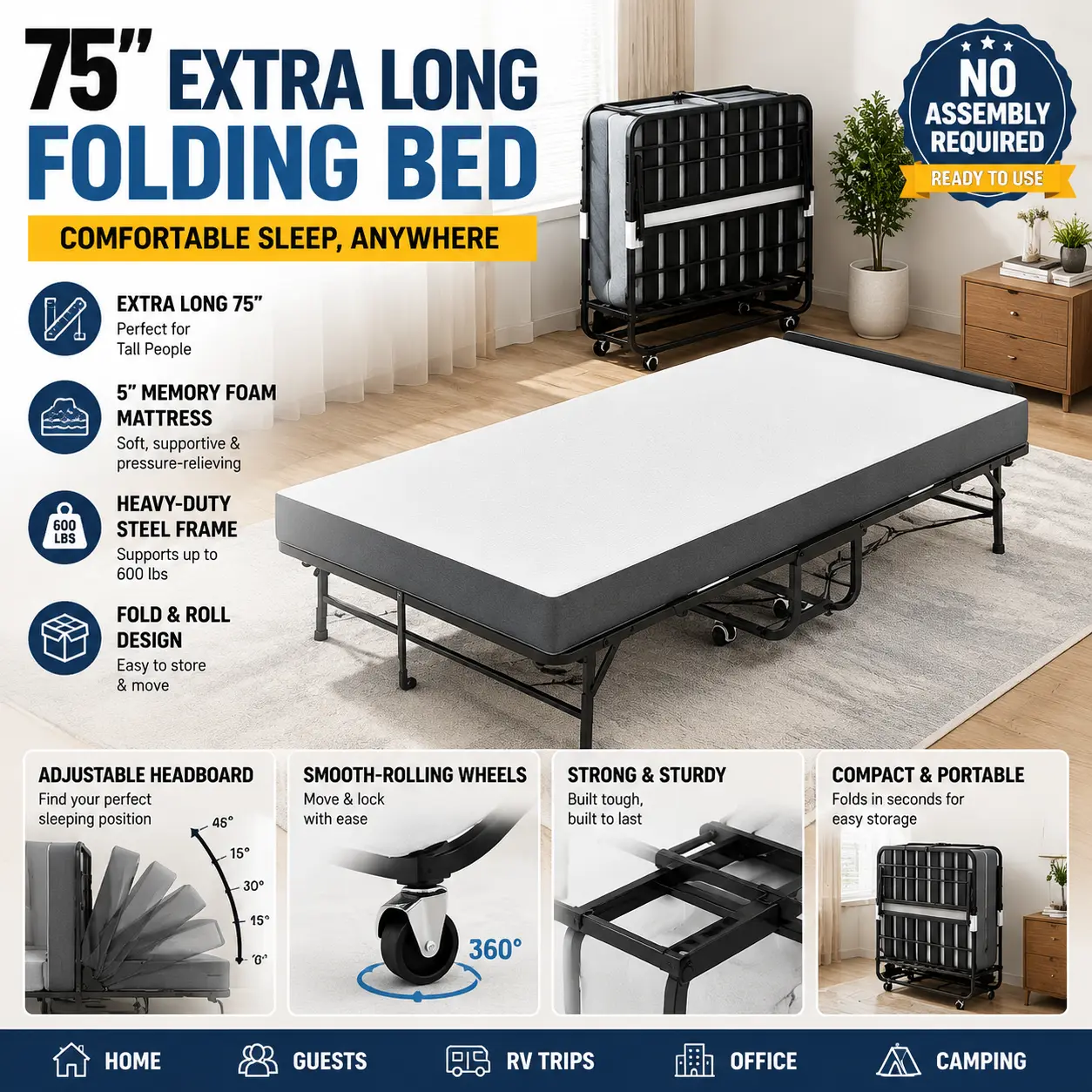 Rollaway Bed for Tall People 75x46 Folding Guest Bed with 5 Inch Memory Foam Mattress Adjustable Headboard Heavy Duty Extra Long Cot Bed on Wheels Space Saving Portable Bed for Bedroom Dorm Apartment Sleepovers