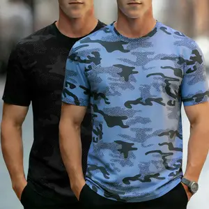 Men’s summer two-piece camouflage T-shirt set, breathable quick-dry fabric, available in multiple colors, suitable for outdoor hiking and fitness training