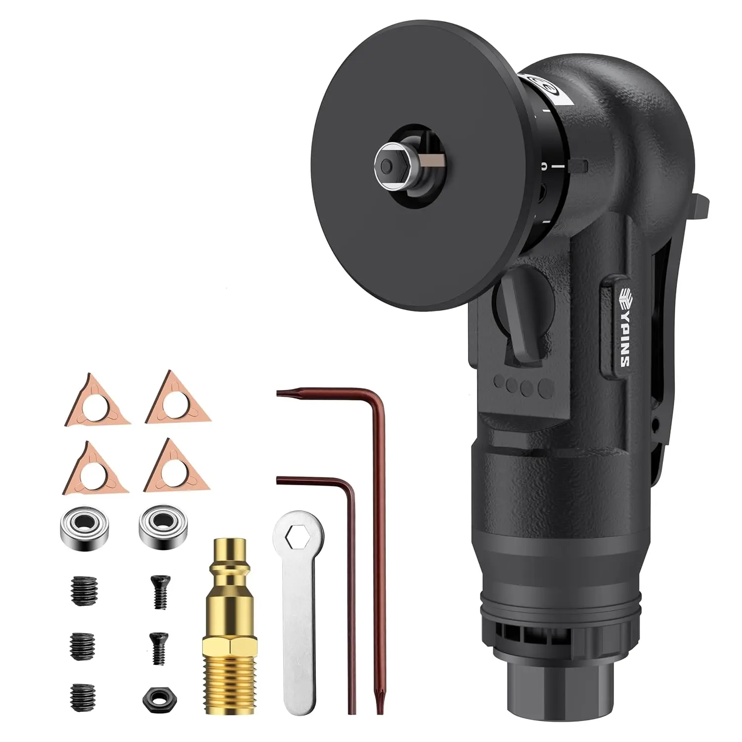 EYPINS Air Chamfer Tool, Mini Pneumatic Chamfering Machine for Metal Wood Steel Brass Acrylic, 45 Degree Arc, 30000 RPM 1/4" Air Deburring Beveling Tool, Pneumatic Roundover Tool with C/R blade, 17PCS