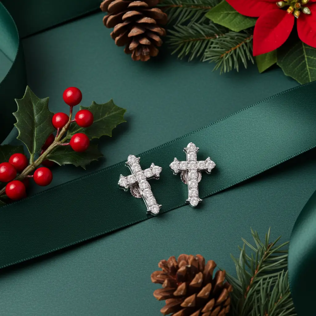 King of Bling's 1.00ct Moissanite White 925 Sterling Silver Women's Cross Earrings