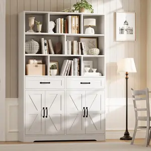 Bookcase with 2 Drawers, 4 Doors & 8 Open Cubes – 71in Tall, 6-Tier Large Wooden Kids Bookshelf – Storage Cabinet Organizer for Children's Room, Living Room, or Office – Split-Packed