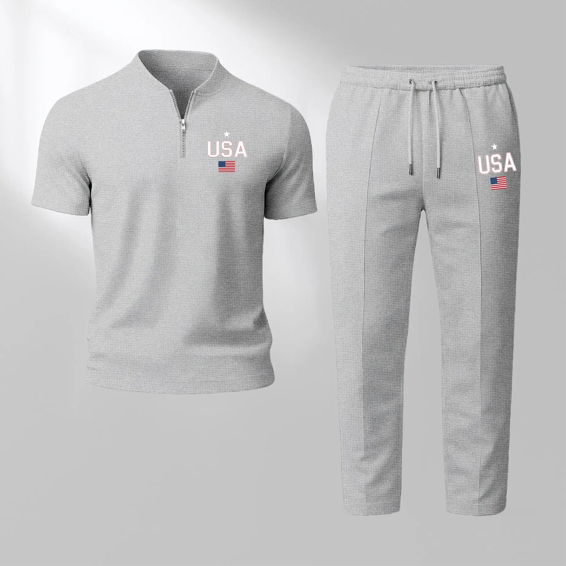 Men's USA Print Zip Henley Collar Short Sleeve and Long Pants Two Piece Set Made with Waffle Knit Fabric Breathable Soft Texture Loose Fit for Casual Everyday Wear