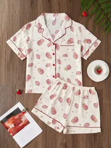 Two-Piece Strawberry Print Pajama Set for Women, Elegant Fruit Sleepwear with Matching Shorts, Unique Bubble Texture Fabric