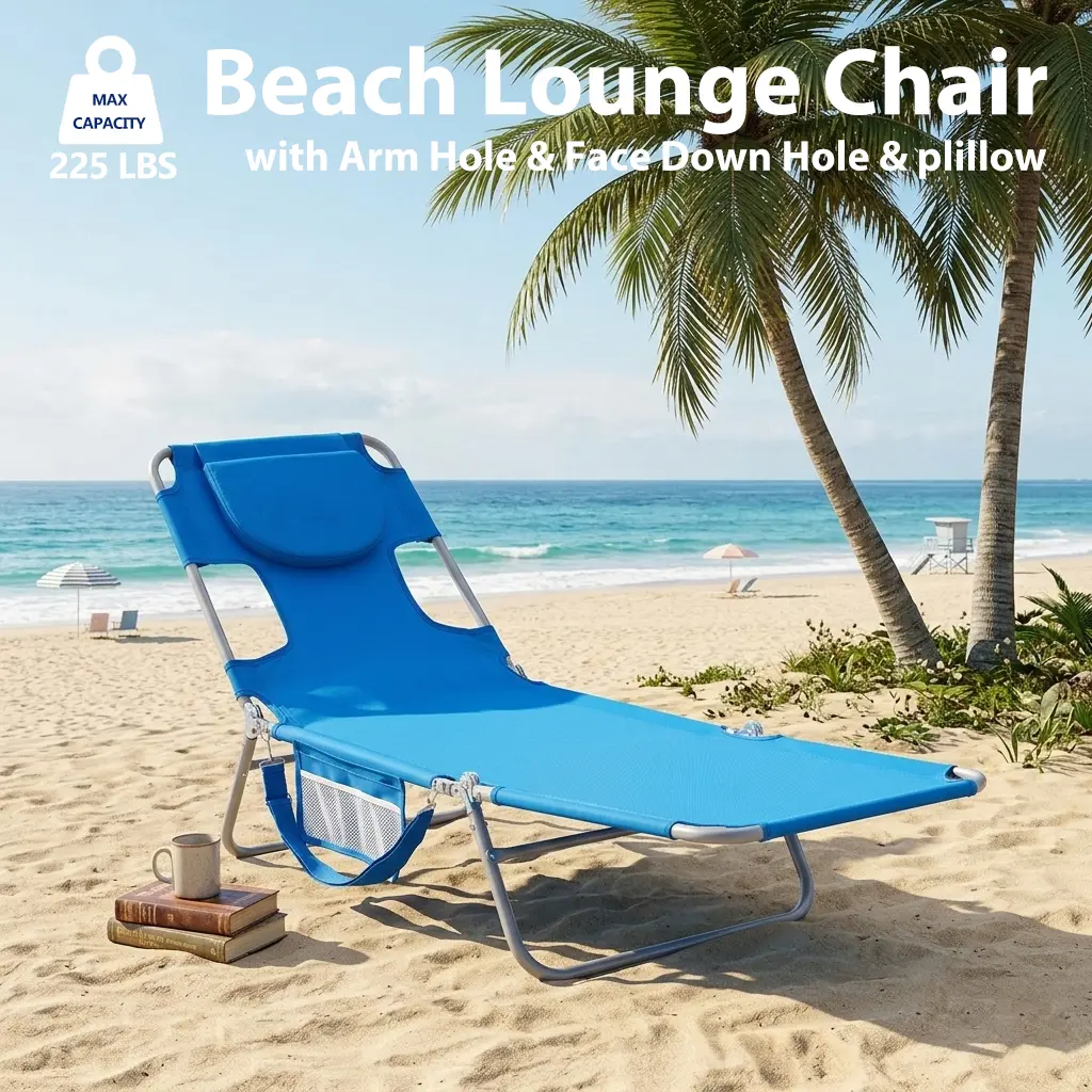 Folding Adjustable Chaise Lounge Chair, Portable Beach Lounge Chair with Backpack Straps & Side Pocket for Outside, Patio, Poolside, Lawn