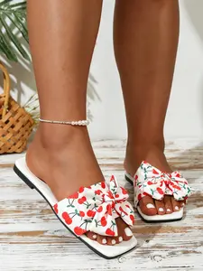Women's Fashion Wide Fit Bow Sandals, Cherry Hot Leopard Print, Anti-Slip Rubber Sole, Square Toe Design, Comfortable Beach Shoes, Casual Sandals, Beach Slides Sandals
