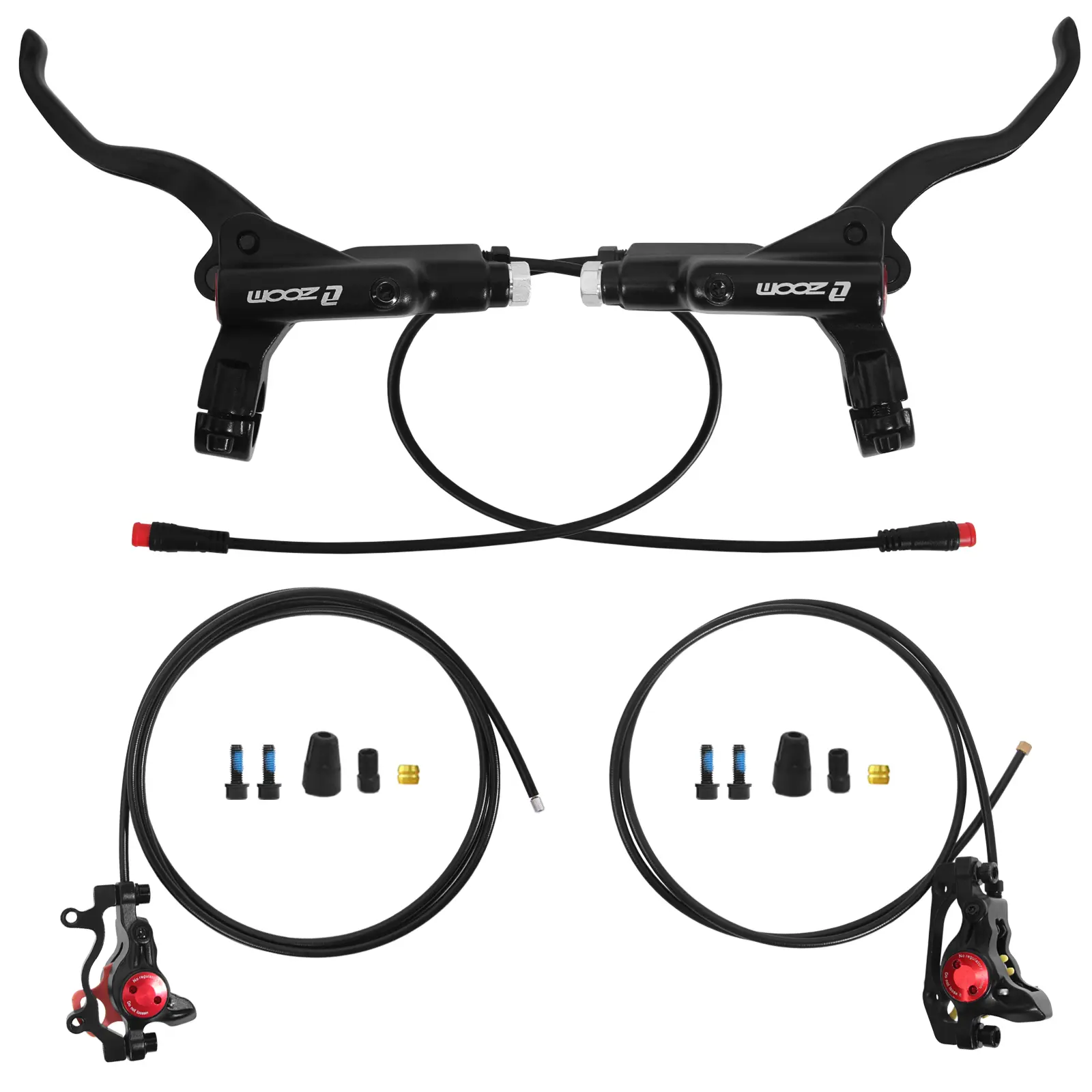 BUCKLOS Zoom HB775E 2-PIN 2-Piston EBike Power-Off Hydraulic Disc Brake Set | Left front 1110mm & right rear 1850mm, aluminum alloy lever caliper with Adapters, fit electric scooters/motorcycles Mountain
