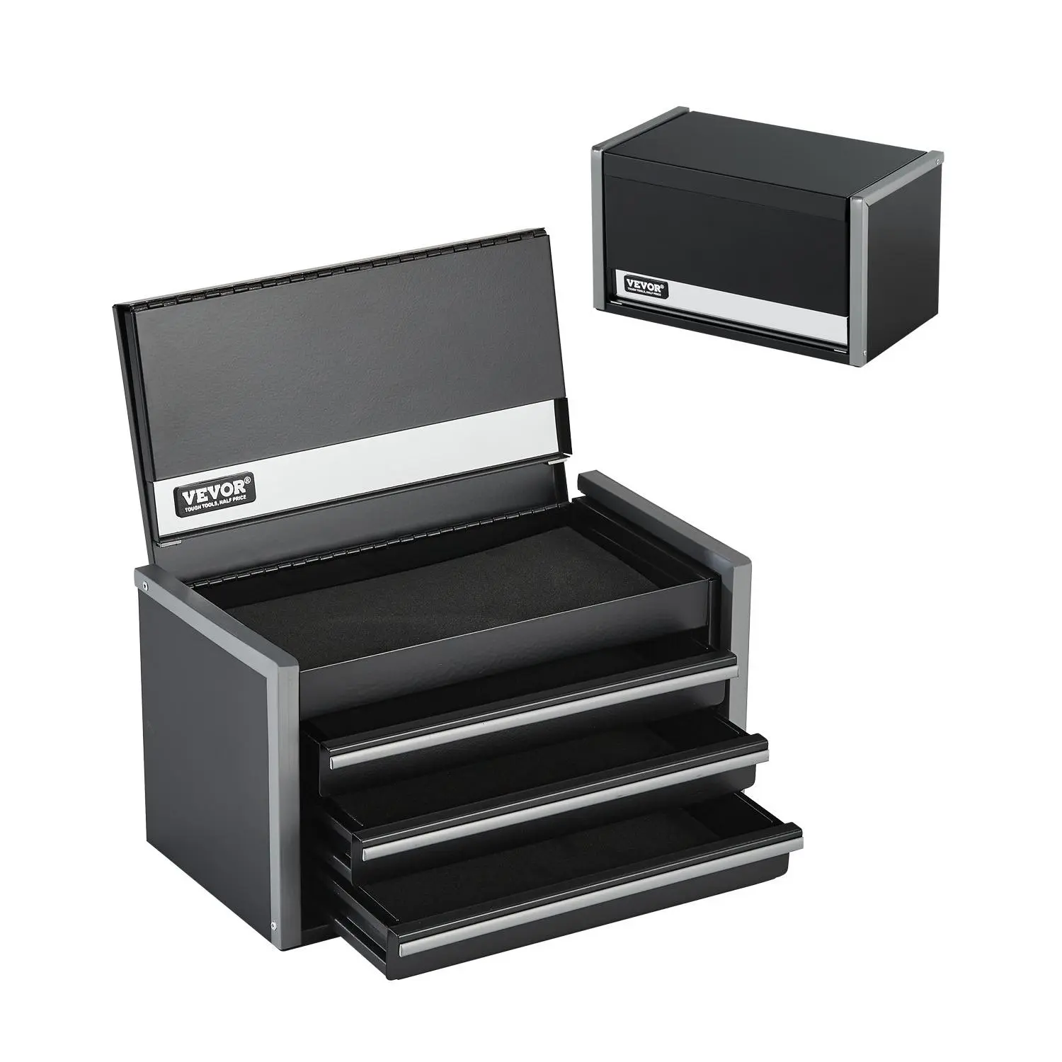 VEVOR Metal Tool Box, 8.6-inch, Portable Metal Tool Box with 3 Drawers, Small Tool Chest with EVA Liners and PP Feet Pads, Heavy-Duty Steel With Ball Bearing Opening and Powder Coated Finish, Black