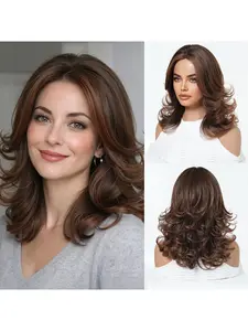A must-have for your holiday commute! This 16-inch brown, center-parted, wavy women's wig combines elegance with versatility, easily switching between an Easter theme and everyday commuting/date look, ensuring you become the center of attention.