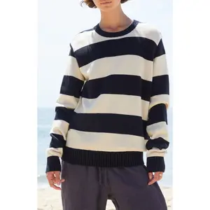 John Galt Women's Navy & White Striped Thick Knit Sweater