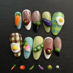 Sarahmarket 3D Veggie Garden Press-On Nails, Carrot Tomato Eggplant Charms, Glossy Nude Base, Fresh Farm Aesthetic, Cute Food Inspired Nail Art, Custom Handmade, Trendy Daily Style