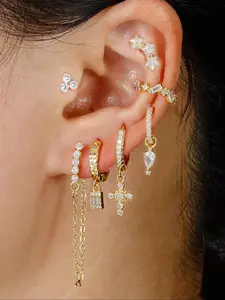 Elegant Copper Zirconia Shining Earrings Set, 7-Piece Fashionable Jewelry Collection, Perfect Gift for Parties & Daily Wear, Fashionable Jewelry Accessories